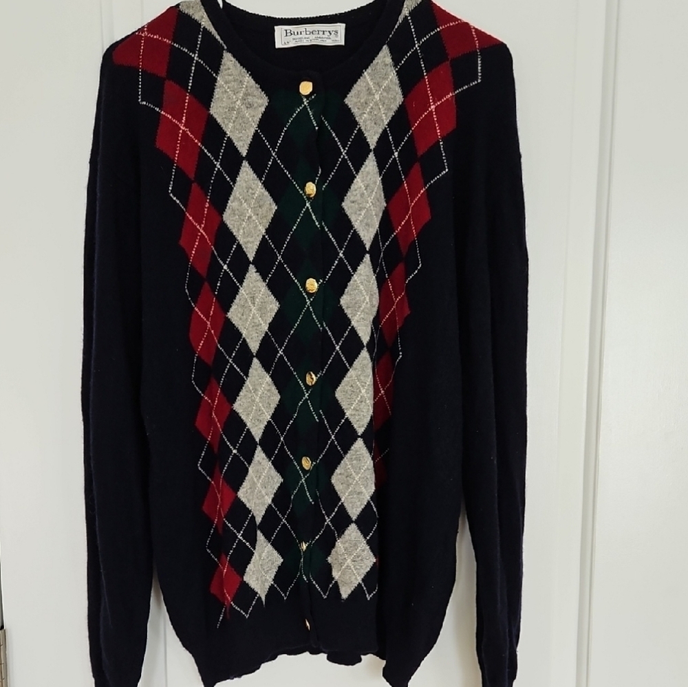 Burberry Navy Argyle Cardigan, Goldtone Buttons, 100%‎ Wool, Mens 44", Vtg.